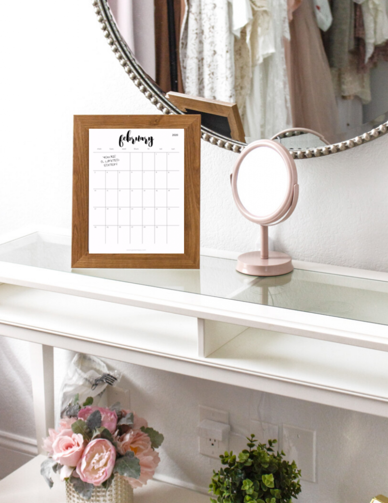 pretty 2020 monthly calendar on vanity desk